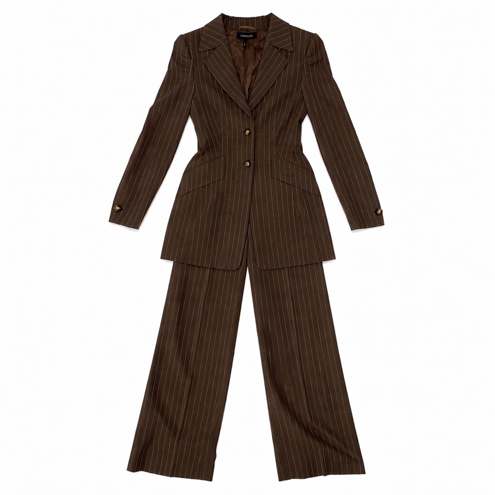 Vintage ESCADA Brown Wool Long Blazer Pinstripe Pant Suit Size 36